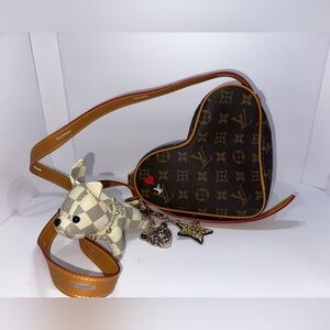 Monogram Heart Crossbody in Brown with Red Trim